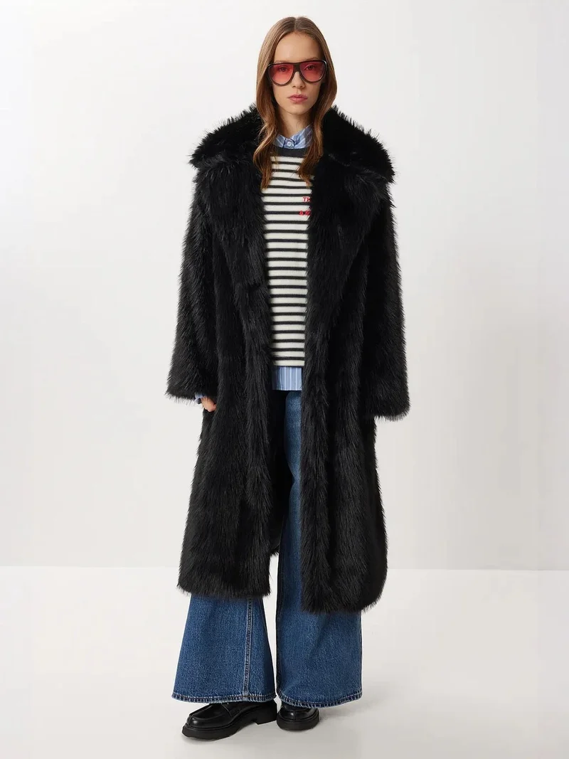 Happiness İstanbul ISTANBUL Textured Oversized Long Faux Fur Jacket